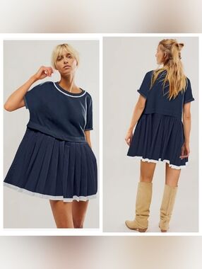 Casual Short Sleeve Crewneck T Shirt Dress Flowy Pleated Mini Dress